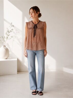 Daniel Rainn Tan Semi Sheer Blouse S Ruffle & Pleat Detail